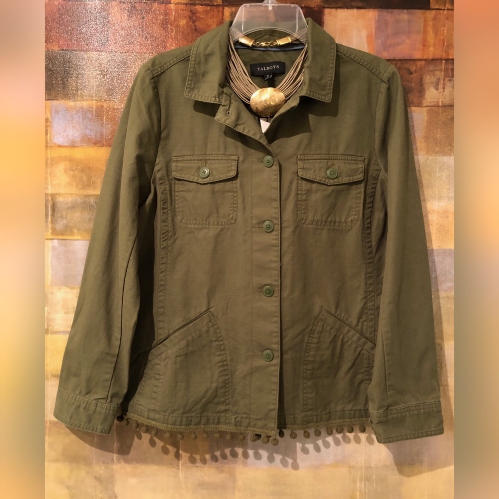 TALBOTS Army Green Pom Utility Jacket NWT msrp$129